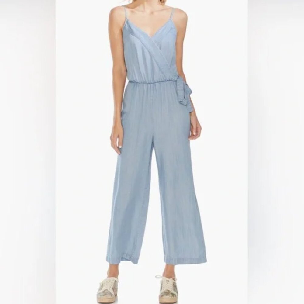 Vince Camuto Wide Leg Chambray Wrap Front Tie Bow Jumpsuit Lyocell Size Small S